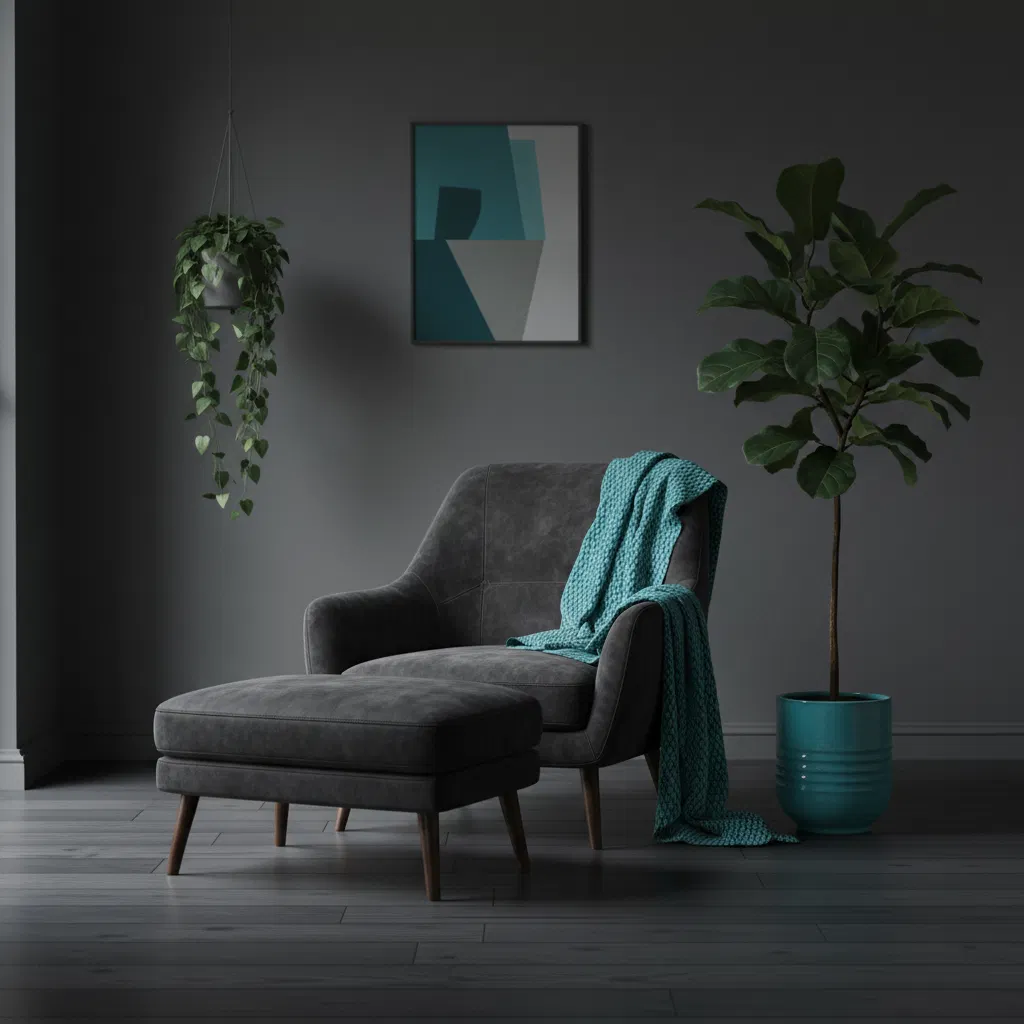 Rustige werkruimte met een notitieboek, een plant en een glas water op een houten bureau