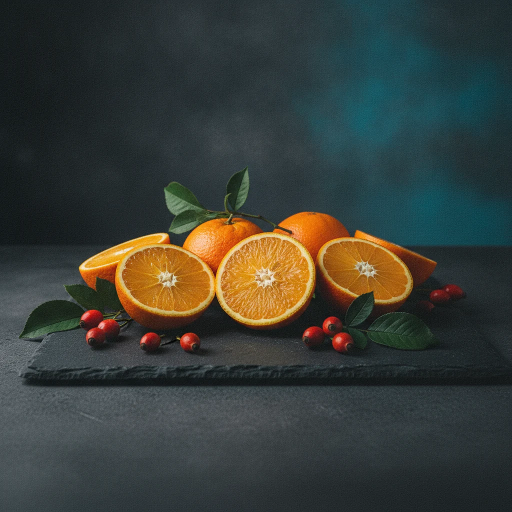 Verse sinaasappels, rozenbottels en groene bladeren op een lichte keukentafel